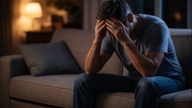 stepdad burnout-Exhausted stepfather sitting alone feeling overwhelmed by family responsibilities