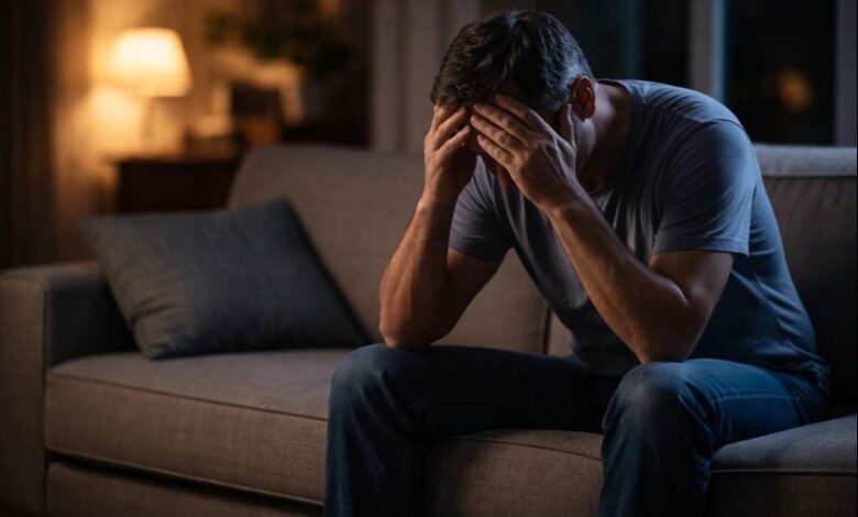 stepdad burnout-Exhausted stepfather sitting alone feeling overwhelmed by family responsibilities