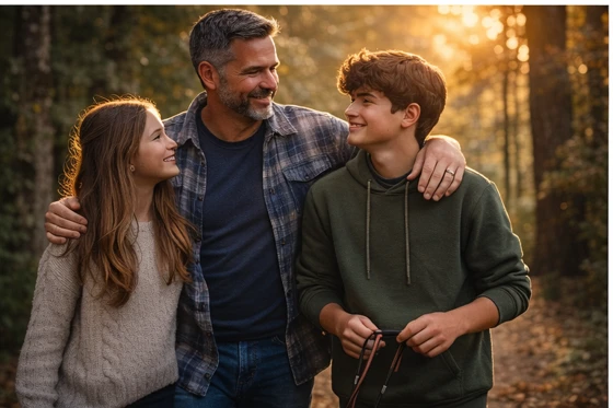 Stepdad walking in woods with stepchildren