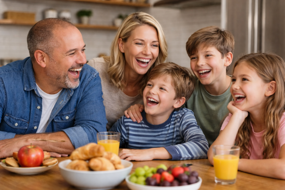 A candid blended family moment—laughing at the table