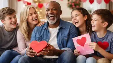 Blended family celebrating Valentine's Day