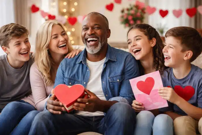 Blended family celebrating Valentine's Day