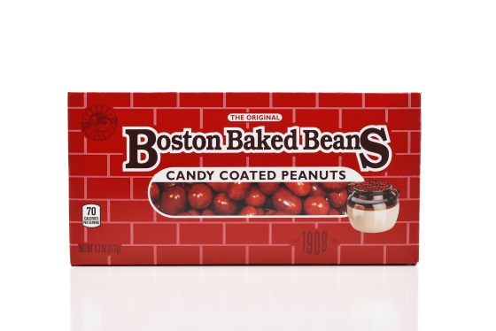 A box of The Original Boston Baked Beans candy coated peanuts