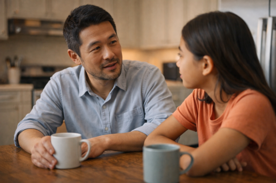 Stepfather modeling calm and respectful communication in a blended family