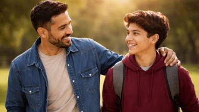 Building trust with your stepson - stepdad and stepson enjoying a walk in the park
