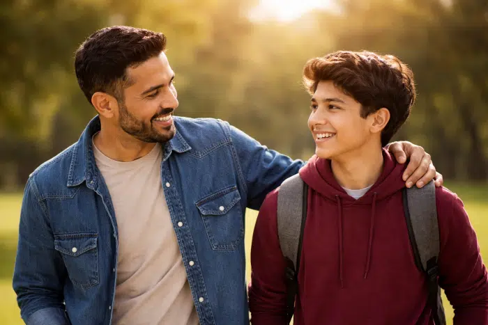 Building trust with your stepson - stepdad and stepson enjoying a walk in the park