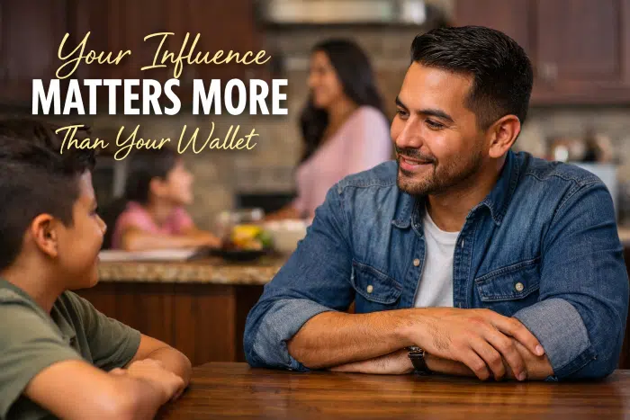 A stepfather sitting at a kitchen table with family in the background. The children are interacting with him while the headline text overlay reads