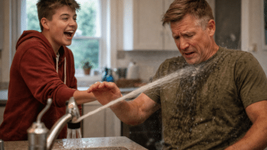 April Fools' Day Prank - stepson getting his stepdad sprayed with the kitchen faucet