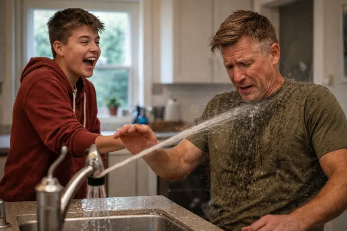 April Fools' Day Prank - stepson getting his stepdad sprayed with the kitchen faucet