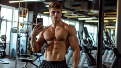 bigorexia in boys - Young muscular man taking a selfie in front of the gym mirror