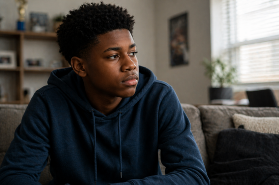 why won’t my stepson open up - Teenage-boy-sitting-quietly-thoughtful-expression-looking-away
