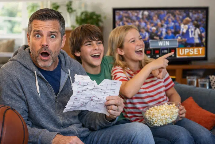 March Madness with your stepkids - Stepdad sitting confidently with a bracket while stepkids laugh and point at a TV showing an upset game.