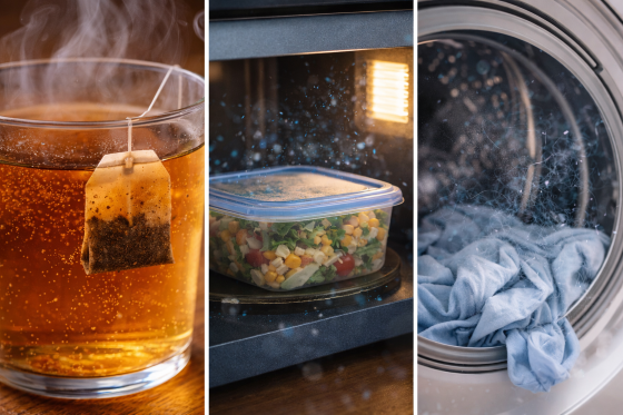 The Hidden Invasion - Collage of:
Tea bag in hot water
Plastic container in microwave
Laundry releasing fibers