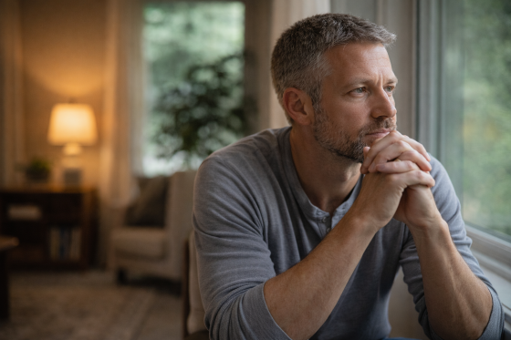 stepdad building trust with stepchild - Stepdad contemplating by window