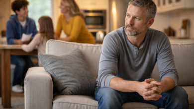 stepdad building trust with stepchild - Contemplative stepdad with family in the background