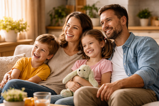 The Hidden Invasion - Family sitting together in a clean, healthy home environment (warm lighting)