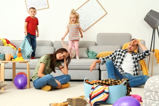 Spring cleaning humor - Frustrated-parents-and-their-mischievous-children-in-messy-room