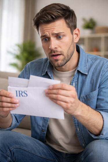 IRS jokes - Man nervously opening IRS letter