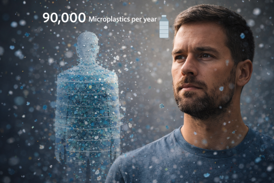 The Hidden Invasion - Person surrounded by floating particles or infographic-style visual of accumulation