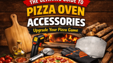 Selecting pizza oven accessories - picture a pizza surrounded by various accessories.