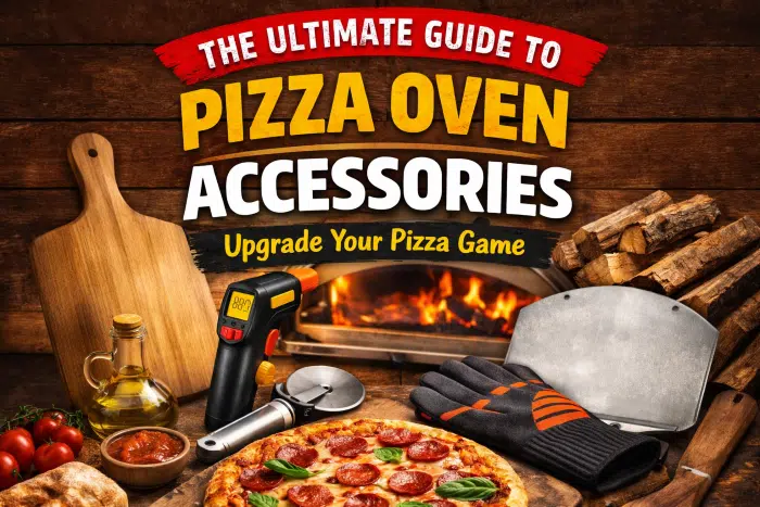 Selecting pizza oven accessories - picture a pizza surrounded by various accessories.