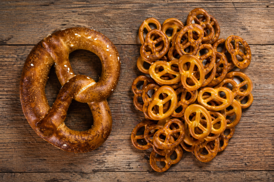 Twisted logic - soft and hard pretzels on a light brown rustic board