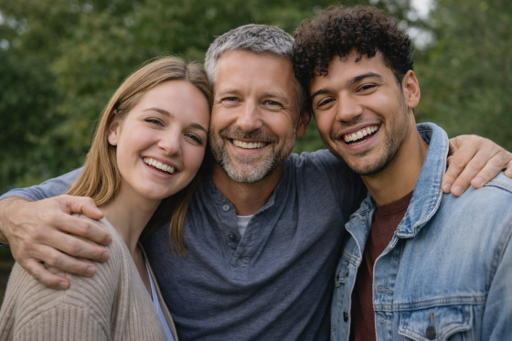 stepdad building trust with stepchild - Stepdad happily embracing adult stepchildren