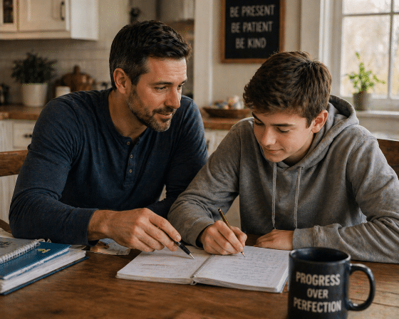 Feeling like an outsider as a stepdad - Stepdad helping stepchild with homework at kitchen table.