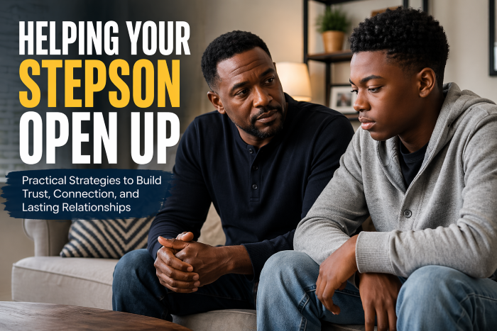 why won’t my stepson open up - Stepdad-sitting-next-to-stepson-encouraging-him-to-open-up