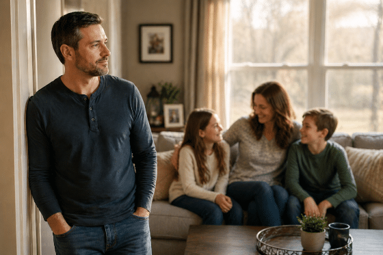 Feeling like an outsider as a stepdad - Stepdad-standing-quietly-near-family-looking-thoughtful-but-hopeful