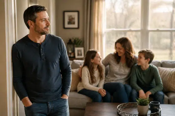 Feeling like an outsider as a stepdad - Stepdad-standing-quietly-near-family-looking-thoughtful-but-hopeful