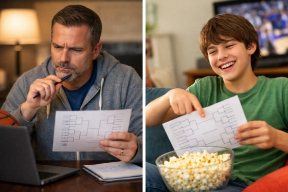 March Madness with your stepkids - Stepdad analyzing bracket while kid picks teams casually