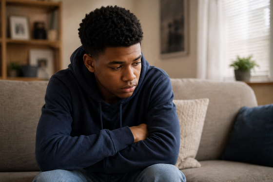 why won’t my stepson open up - Stepson quietly reflecting not wanting to be engaged in conversation