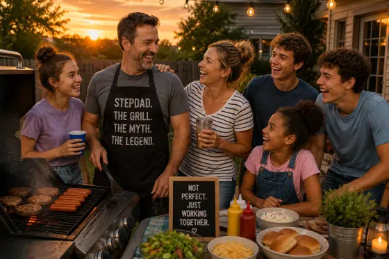 Summer is coming are stepdads ready - A blended family laughing together around a backyard grill at sunset.