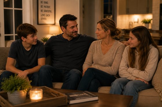 A blended family sitting quietly together in the living room after resolving conflict, relaxed