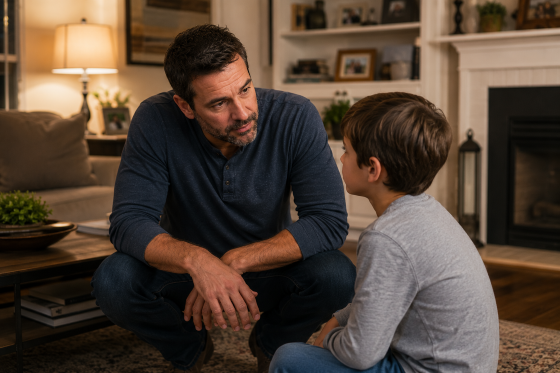 A-calm-stepdad-kneeling-beside-a-younger-child-while-speaking-gently-during-a-teaching-moment-in-a-living-room