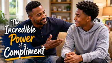 Complimenting Stepchildren - A caring stepdad sincerely complimenting a teenage stepchild while the child reacts with a surprised but meaningful smile.