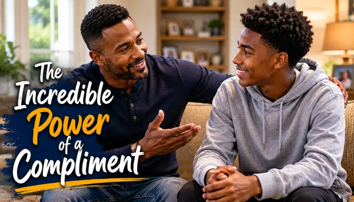 Complimenting Stepchildren - A caring stepdad sincerely complimenting a teenage stepchild while the child reacts with a surprised but meaningful smile.