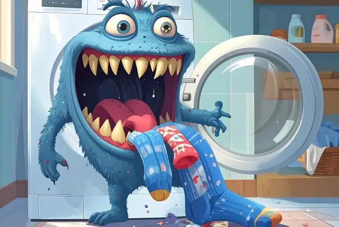 the mystery of missing socks - A cartoon monster devouring socks from a washing machine