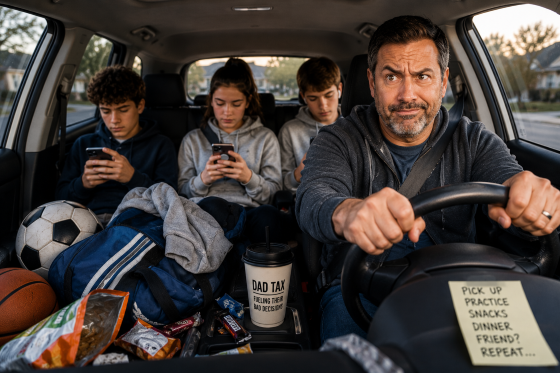 A frustrated but humorous stepdad gripping the steering wheel while teenagers in the backseat ignore him on their phones.