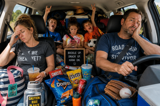 Summer is coming are stepdads ready - A packed family SUV during a summer road trip with snacks, sports bags, and exhausted parents.