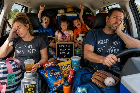 Summer is coming are stepdads ready - A packed family SUV during a summer road trip with snacks, sports bags, and exhausted parents.
