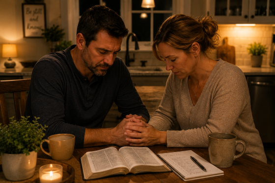 A stepdad and spouse holding hands quietly in prayer in the kitchen after the children have gone to bed, warm nighttime lighting, realistic style.