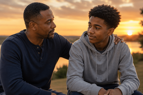 Complimenting stepchildren - A stepdad placing a reassuring hand on a teenage stepchild’s shoulder while talking outside at sunset