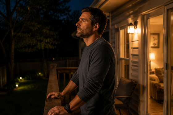 A stepdad standing alone outside on a back porch at night taking a deep breath and reflecting calmly after a difficult family interaction