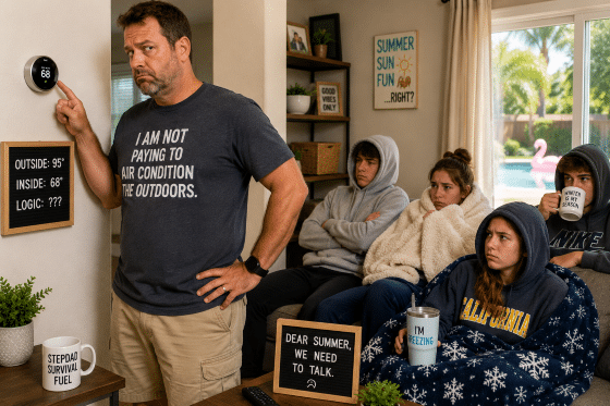 summer is coming are stepdads ready - A stepdad standing at the thermostat while teenagers wear hoodies and blankets during summer.