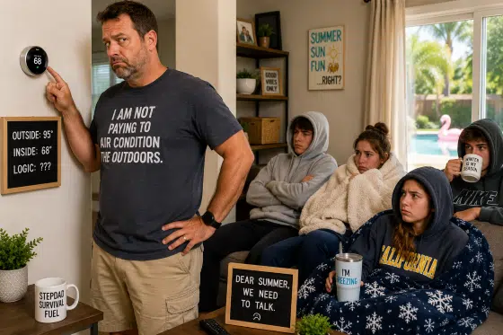 summer is coming are stepdads ready - A stepdad standing at the thermostat while teenagers wear hoodies and blankets during summer.