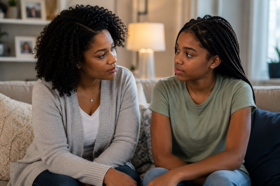 Happy Stepmother's Day -An African American stepmother and teenage child sitting together in a cozy living room having a calm conversation