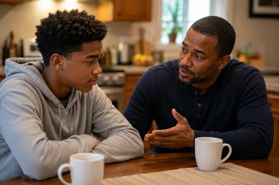A teenage stepson quietly listening while a calm stepdad offers encouragement during a conversation at a kitchen table