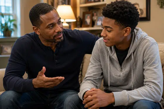 Complimenting stepchildren - A thoughtful stepdad sitting beside a quiet teenage stepchild in a living room, speaking gently while the teen begins to soften emotionally
